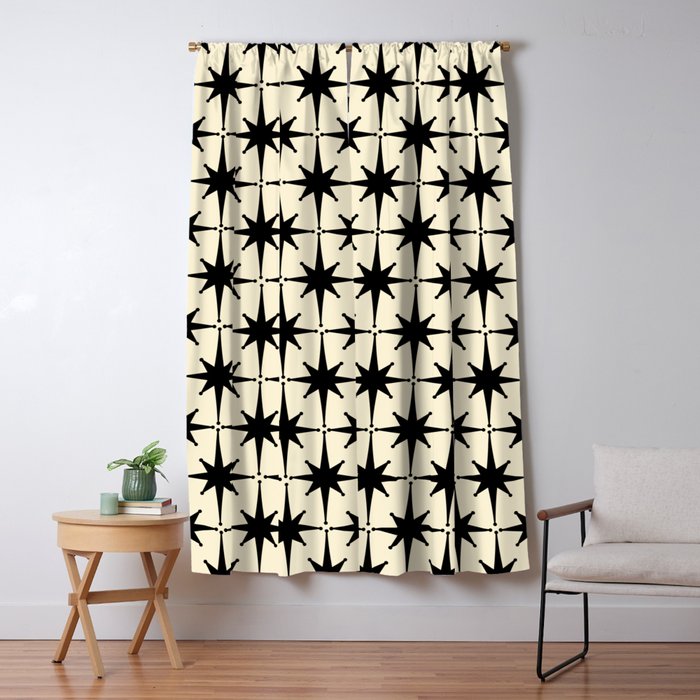 Atomic Age Starbursts - Midcentury Modern Pattern in Black and Retro Cream Window Curtain Gallery Image 1