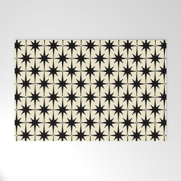 Atomic Age Starbursts - Midcentury Modern Pattern in Black and Retro Cream Welcome Mat Gallery Image 1