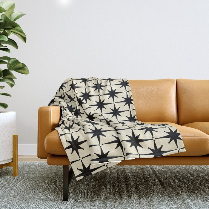 Atomic Age Starbursts - Midcentury Modern Pattern in Black and Retro Cream Throw Blanket Gallery Image 1