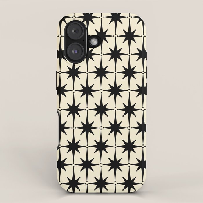 Atomic Age Starbursts - Midcentury Modern Pattern in Black and Retro Cream iPhone Case Gallery Image 1
