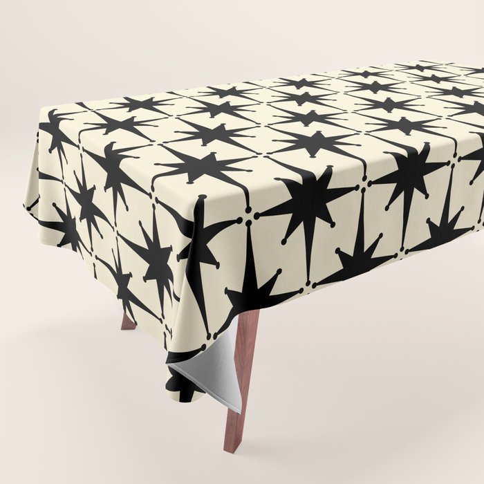 Atomic Age Starbursts - Midcentury Modern Pattern in Black and Retro Cream Tablecloth Gallery Image 1