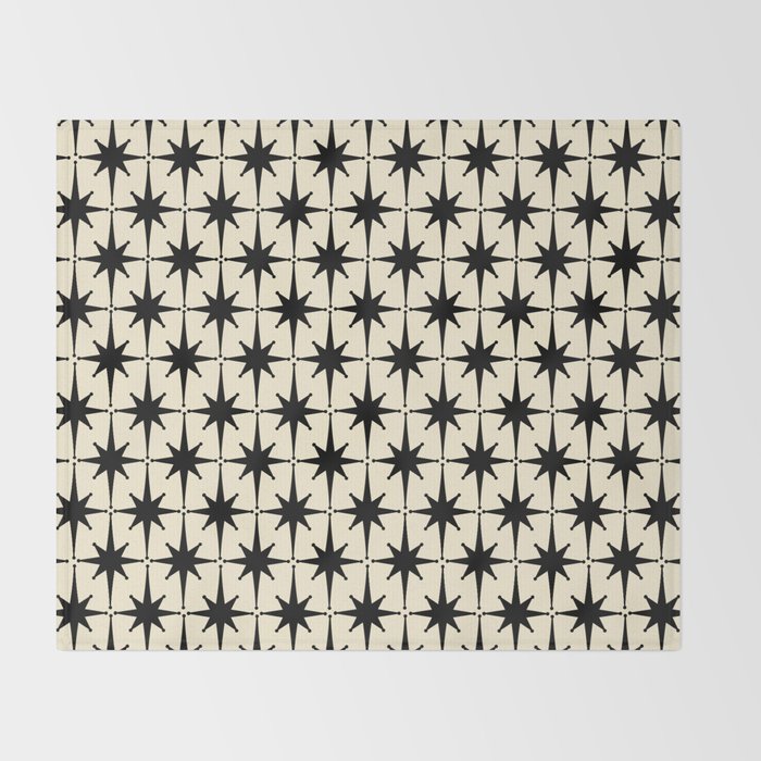Atomic Age Starbursts - Midcentury Modern Pattern in Black and Retro Cream Throw Blanket Gallery Image 2