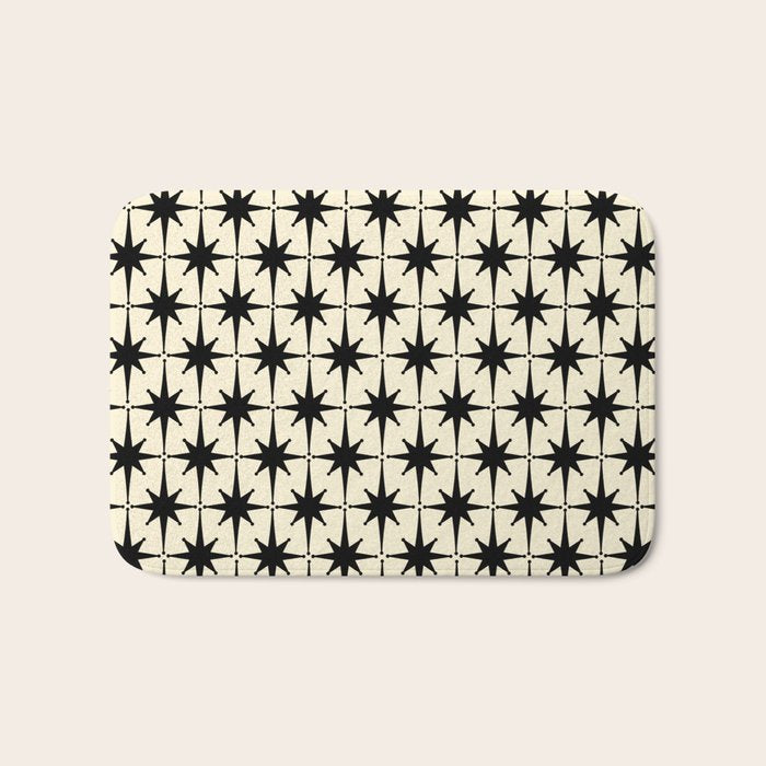 Atomic Age Starbursts - Midcentury Modern Pattern in Black and Retro Cream Bath Mat Gallery Image 1