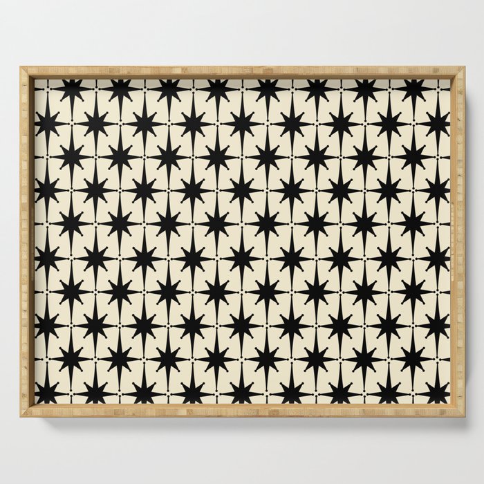 Atomic Age Starbursts - Midcentury Modern Pattern in Black and Retro Cream Serving Tray Gallery Image 1