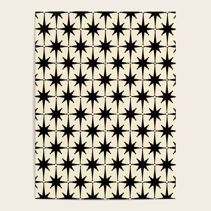 Atomic Age Starbursts - Midcentury Modern Pattern in Black and Retro Cream Poster Gallery Image 1