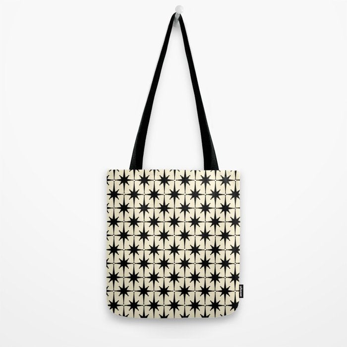 Atomic Age Starbursts - Midcentury Modern Pattern in Black and Retro Cream Tote Bag Gallery Image 2