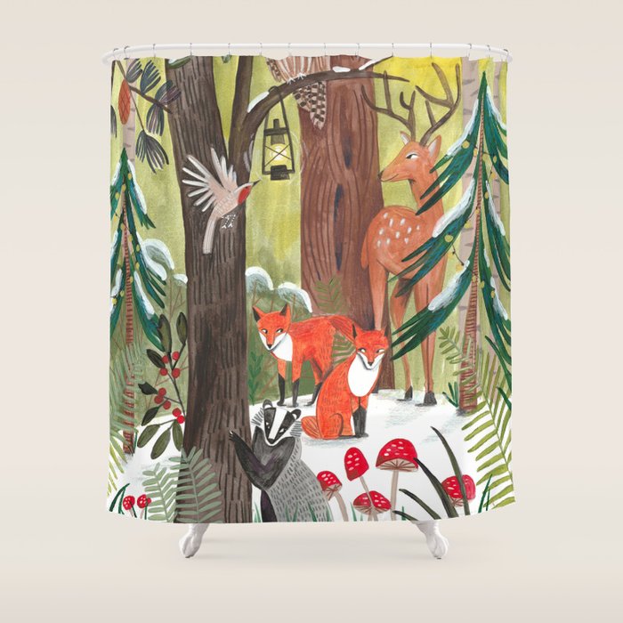 Enchanted forest & woodland animals in the snow Shower Curtain Gallery Image 1