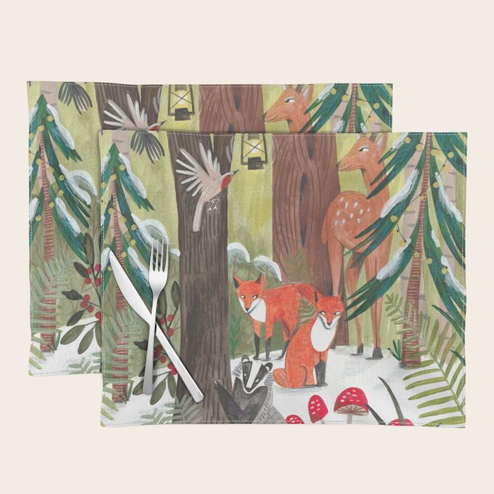 Enchanted forest & woodland animals in the snow Placemat Gallery Image 1