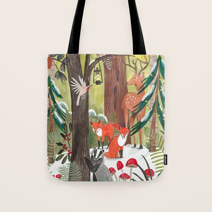 Enchanted forest & woodland animals in the snow Tote Bag Gallery Image 1