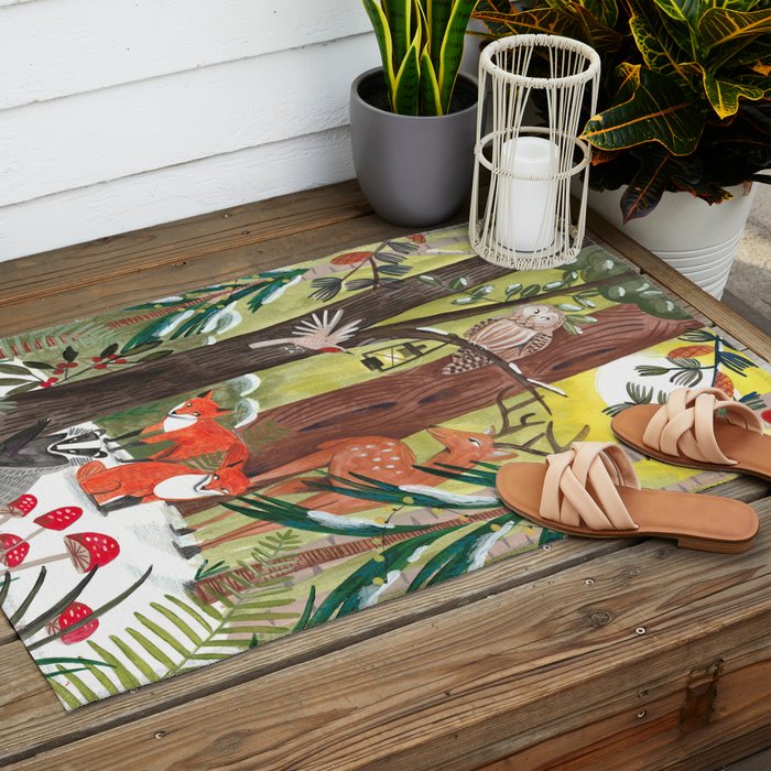 Enchanted forest & woodland animals in the snow Outdoor Rug Gallery Image 2