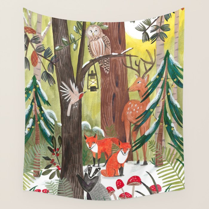 Enchanted forest & woodland animals in the snow Wall Tapestry Gallery Image 4