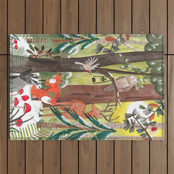 Enchanted forest & woodland animals in the snow Outdoor Rug Gallery Image 1