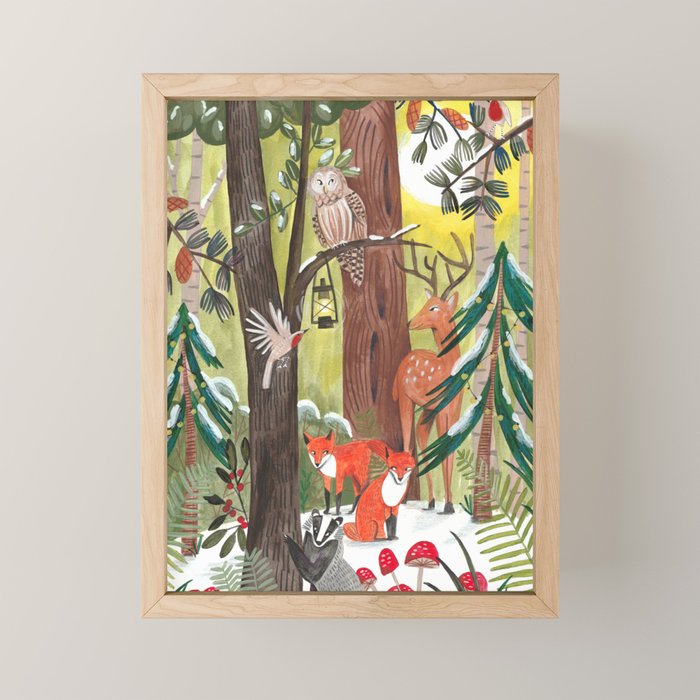 Enchanted forest & woodland animals in the snow Mini Art Print Gallery Image 1