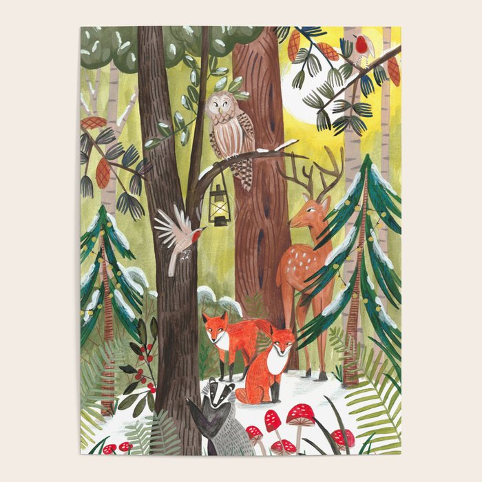 Enchanted forest & woodland animals in the snow Poster Gallery Image 1