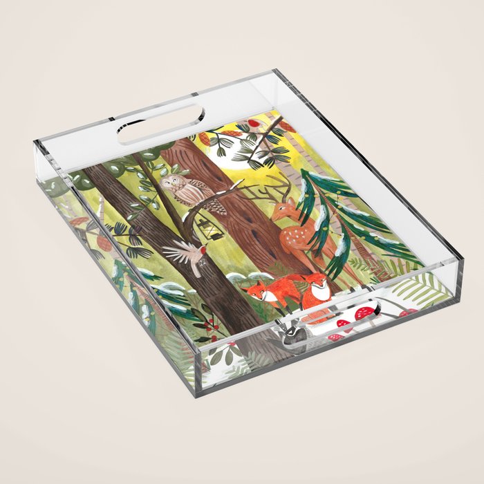 Enchanted forest & woodland animals in the snow Acrylic Tray Gallery Image 1