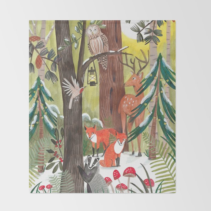 Enchanted forest & woodland animals in the snow Throw Blanket Gallery Image 2