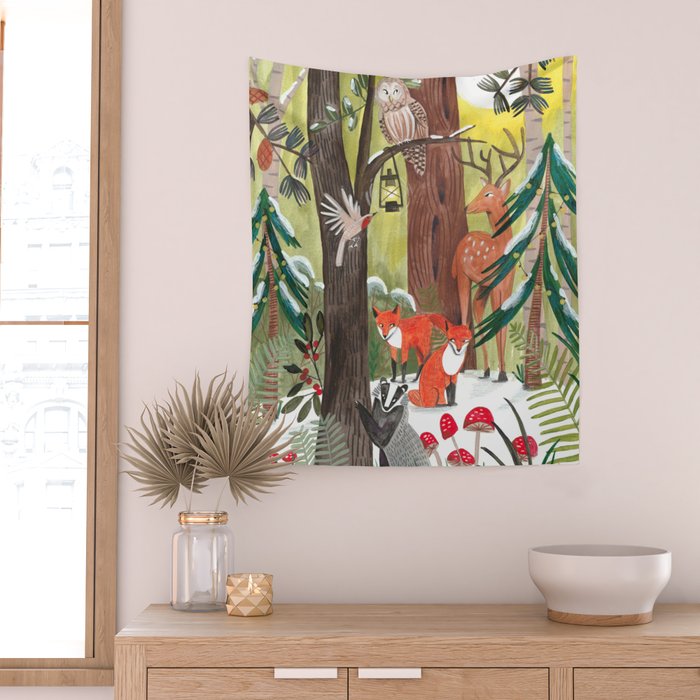 Enchanted forest & woodland animals in the snow Wall Tapestry Gallery Image 2
