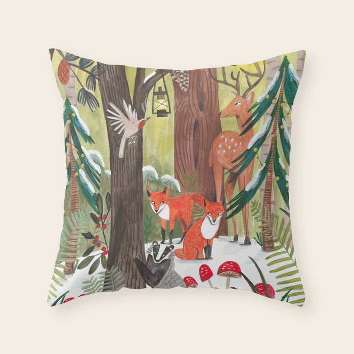 Enchanted forest & woodland animals in the snow Throw Pillow Gallery Image 1