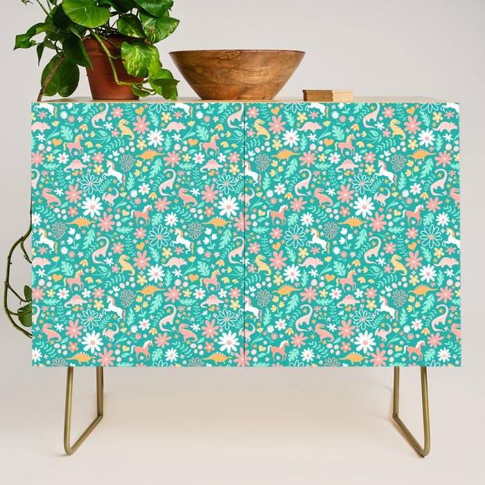 Dinosaurs + Unicorns on Teal Credenza Gallery Image 1