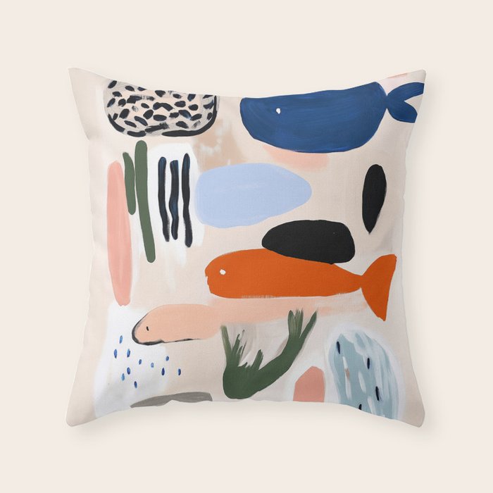 Sea Life Abstract Coral Seashells and Fishses Ocean Coastal  Art Painting  Throw Pillow Gallery Image 6