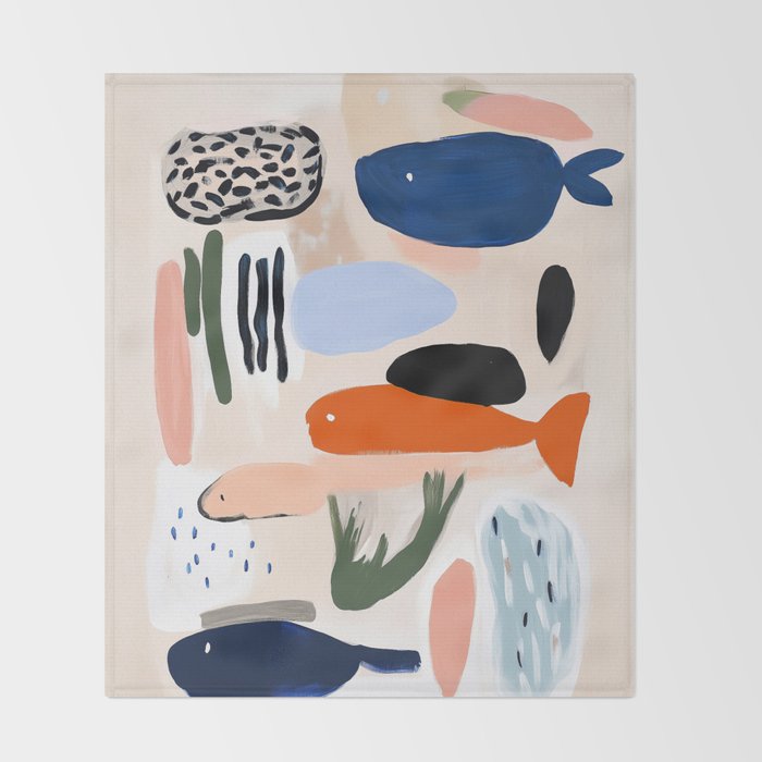 Sea Life Abstract Coral Seashells and Fishses Ocean Coastal  Art Painting  Throw Blanket Gallery Image 2