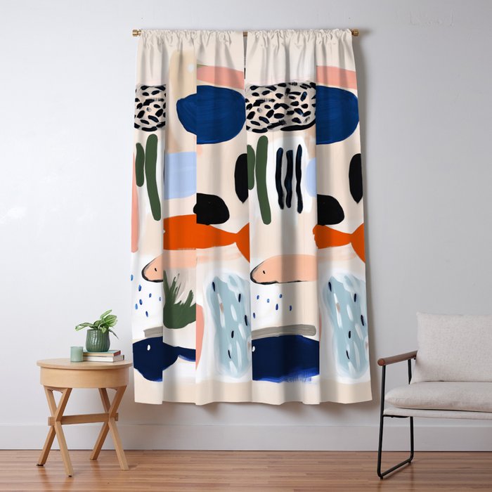 Sea Life Abstract Coral Seashells and Fishses Ocean Coastal  Art Painting  Window Curtain Gallery Image 5
