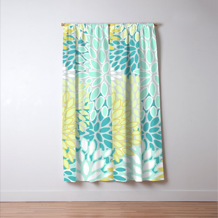 Floral Prints, Teal, Turquoise and Yellow Window Curtain Gallery Image 3