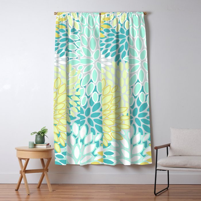 Floral Prints, Teal, Turquoise and Yellow Window Curtain Gallery Image 5