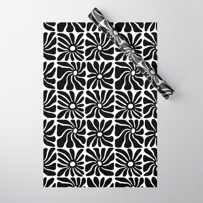 Black and white retro flower art pattern Wrapping Paper Gallery Image 1
