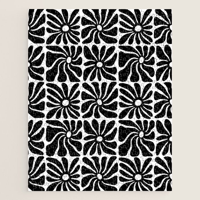 Black and white retro flower art pattern Jigsaw Puzzle Gallery Image 1
