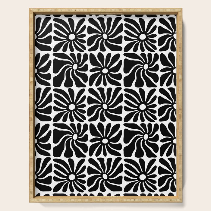 Black and white retro flower art pattern Serving Tray Gallery Image 1