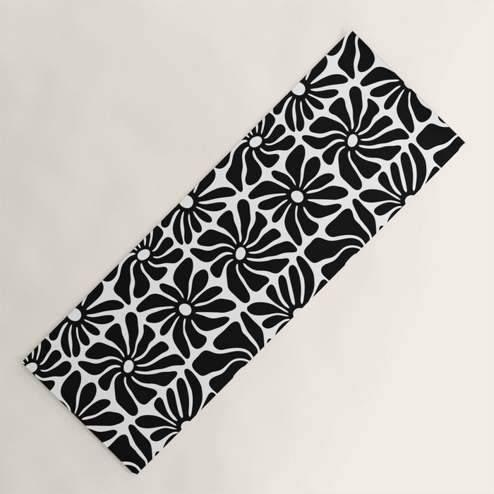 Black and white retro flower art pattern Yoga Mat Gallery Image 1