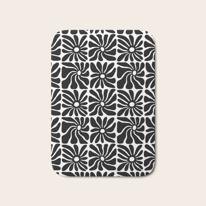 Black and white retro flower art pattern Bath Mat Gallery Image 1