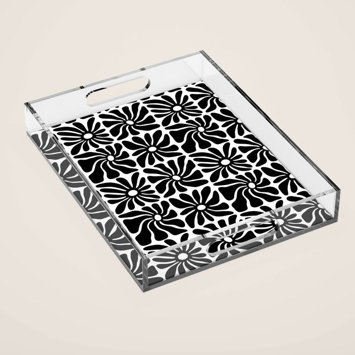 Black and white retro flower art pattern Acrylic Tray Gallery Image 1