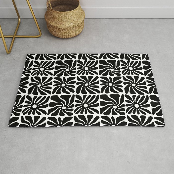 Black and white retro flower art pattern Rug Gallery Image 1