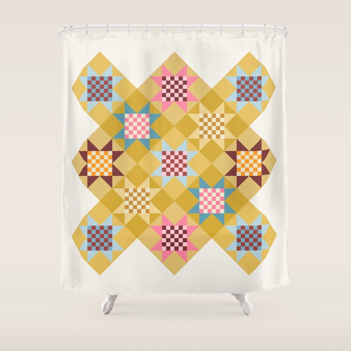 Checkerboard Quilt Shapes - Multicolor Gold Shower Curtain Gallery Image 1