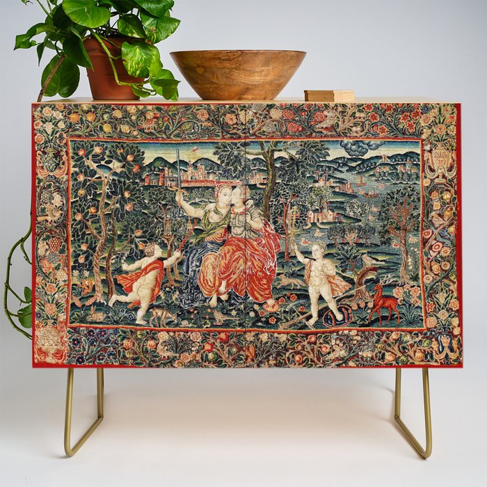 Franco Flemish Allegorical 17th Century Tapestry Print Credenza