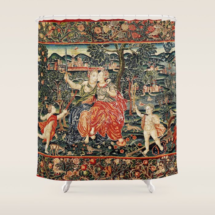 Franco Flemish Allegorical 17th Century Tapestry Print Shower Curtain Gallery Image 1