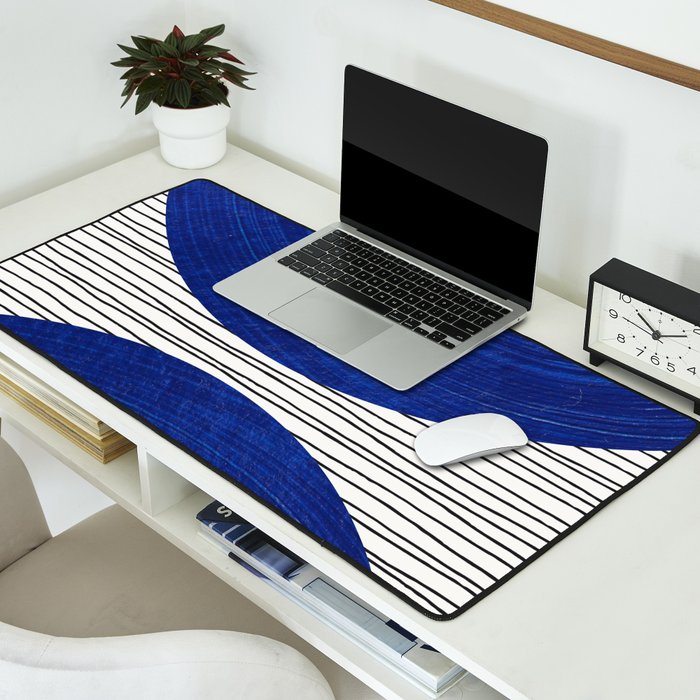 navy blue woodblock lines Desk Mat Gallery Image 2
