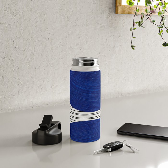 navy blue woodblock lines Water Bottle Gallery Image 4