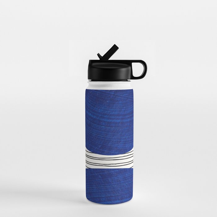 navy blue woodblock lines Water Bottle Gallery Image 1