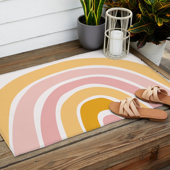 Abstract Shapes 94 in Mustard Yellow and Pale Pink (Rainbow Abstraction) Outdoor Rug Gallery Image 2