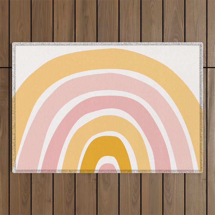 Abstract Shapes 94 in Mustard Yellow and Pale Pink (Rainbow Abstraction) Outdoor Rug Gallery Image 1