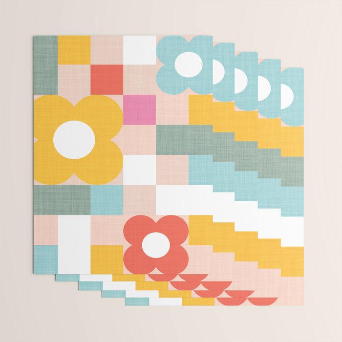 Retro Flowers on playful checks Wrapping Paper Gallery Image 3
