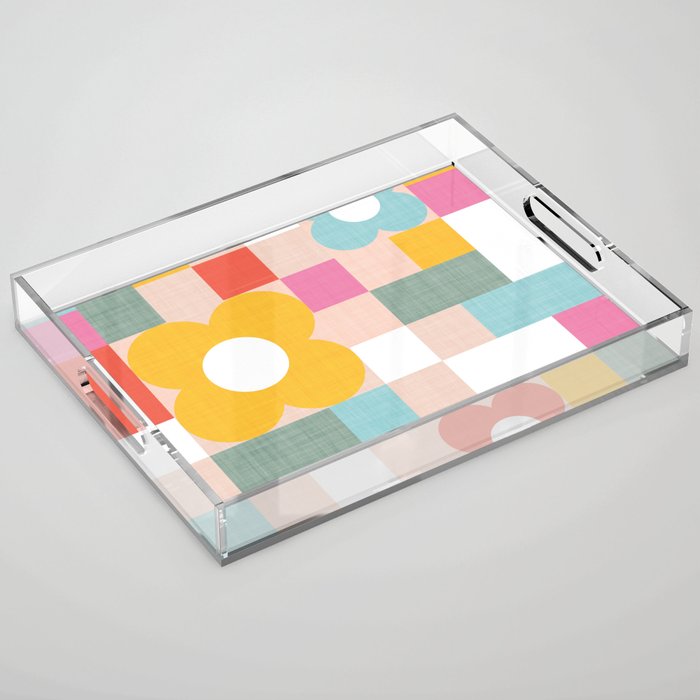 Retro Flowers on playful checks Acrylic Tray Gallery Image 1