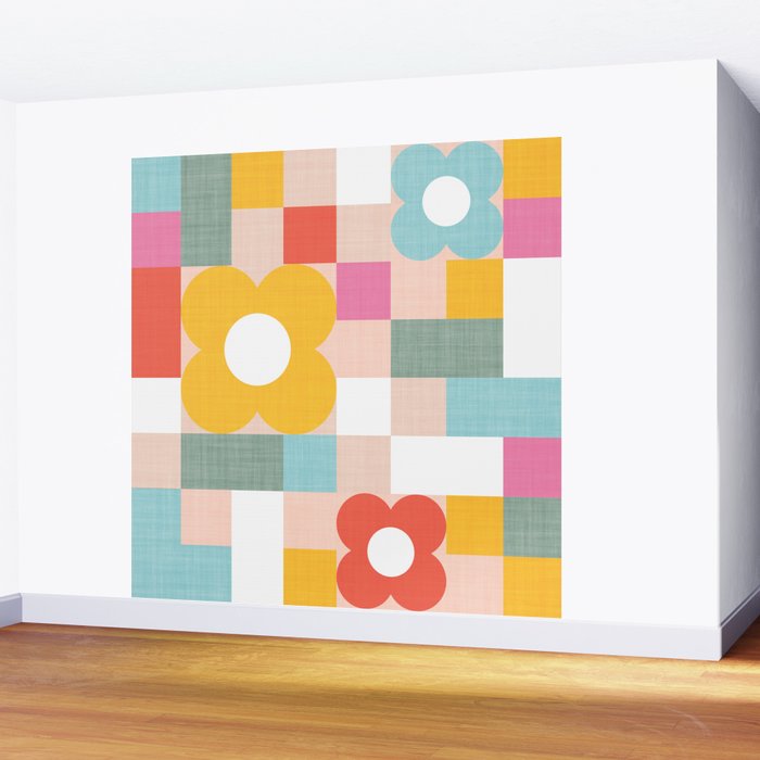 Retro Flowers on playful checks Wall Mural Gallery Image 2