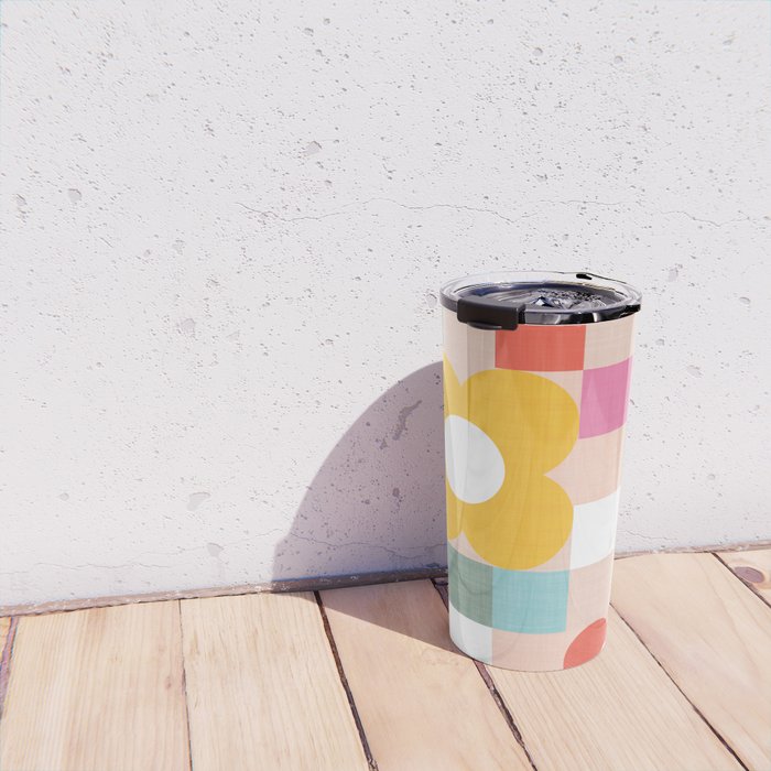 Retro Flowers on playful checks Travel Mug Gallery Image 4