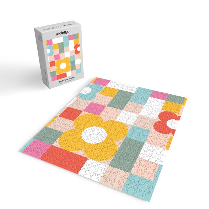 Retro Flowers on playful checks Jigsaw Puzzle Gallery Image 2