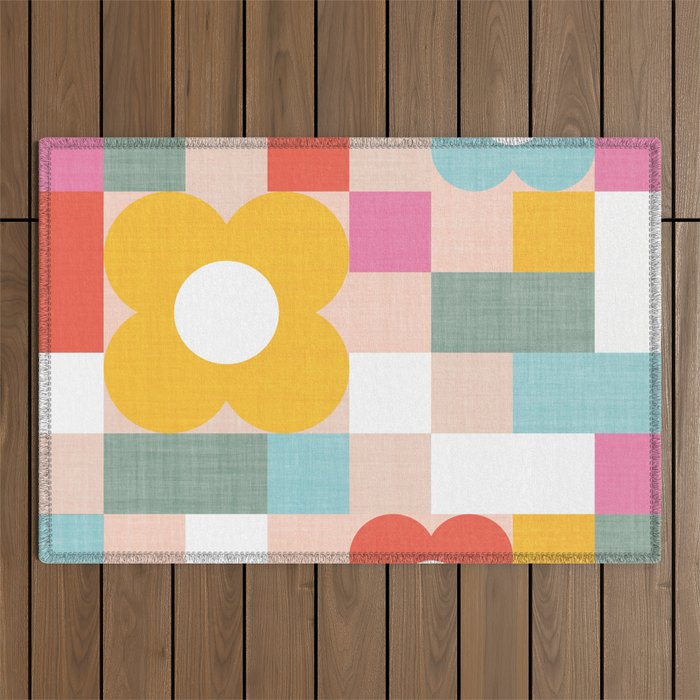 Retro Flowers on playful checks Outdoor Rug Gallery Image 1