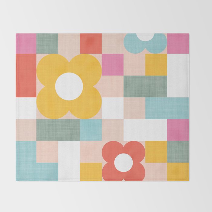 Retro Flowers on playful checks Throw Blanket Gallery Image 2